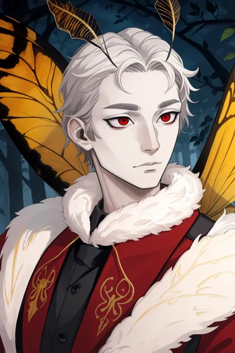 sfw, moth man, arthropod man, expressionless, fur trim, mature male, black sclera, red eyes, insect wings, antennae, detailed, masterpiece, absurdres, best quality, forest, portrait <lora:mothGirl-000020:0.7>