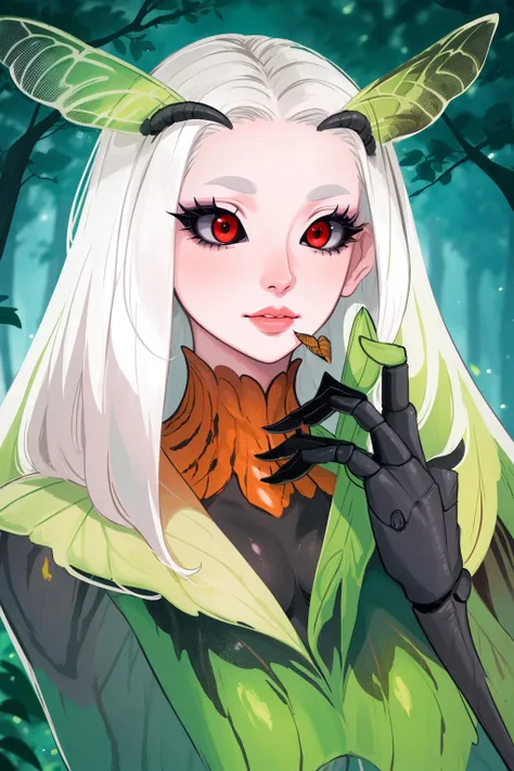 sfw, monster moth woman, (mechanical arms, extra arms:1.3, holding), mature female, black sclera, red eyes, lips, long eyelashes, insect wings, antennae, medium breasts, detailed, masterpiece, absurdres, best quality, forest, portrait <lora:mothGirl-000020:1>