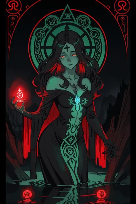 (limited palette: red green black),silhouette,woman, runes, glowing symbols, magic spell, medium breasts, oil painting \(medium\), highly detailed, dmt, witch, geodes, glowing eyes, light flowing in and out of her body, flowing glowing water, metal, frog, art nouveau