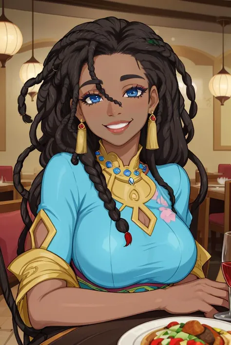 mature female, portrait of a beautiful african woman with black skin, dreadlocks hair, full lips, blue eyes and big smile looking at viewer in a romantic restaurant, facial closeup, masterpiece, best quality <lora:afrobull-000018:0.7>