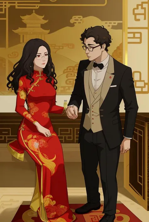 woman, curly hair, chinese dress, man, suit, glasses, looking at each other, sitting, palace, masterpiece, absurdres <lora:legendOfKorraStyle-000018:0.75>