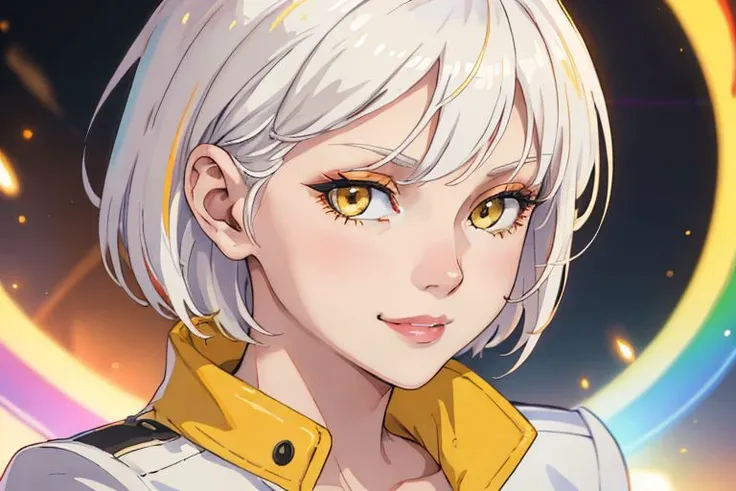 (masterpiece, best quality), intricate details, thin, ((slim)), beautiful girl, white hair, white skin,golden yellow eyes, sharp jawline, red jacket, messy hair, plump lips, upper body, close up, smirk, rainbow colored light halo, short hair, blackhole