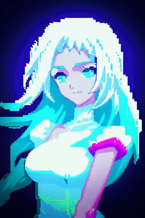 woman, white dress, glow in the dark hair, the style is pixel art with bright colors and dithering effects