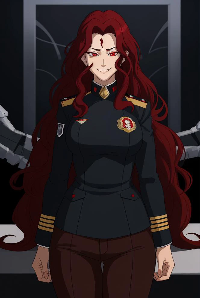 woman, long curly hair, red eyes, uniform, smirk, masterpiece, absurdres <lora:legendOfKorraStyle-000018:0.7>