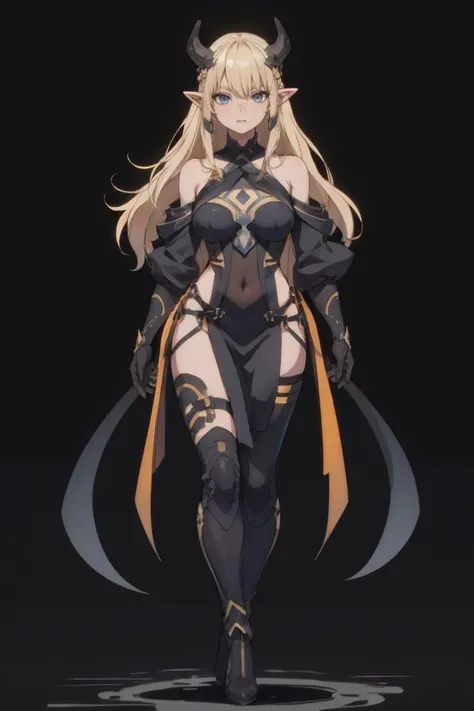 ((BLACK BACKGROUND1:2)) masterpiece, best quality, high quality, 1solo white SKIN elf, long hair, blonde hair, yellow eyes, full body, black bikini, looking at viewer, shiny, black thighhighs, high boots,shoulder armor, faulds, poleyn, gloves, gauntlets, FEET TOGETHER STANDING SYMMETRICAL, female elf big knockers bikini