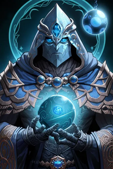 a filigree giant [metal|man|machine|shadow] creature with a blue orb core in chest, cloak, metal mask, dnd style, horror \(theme\),