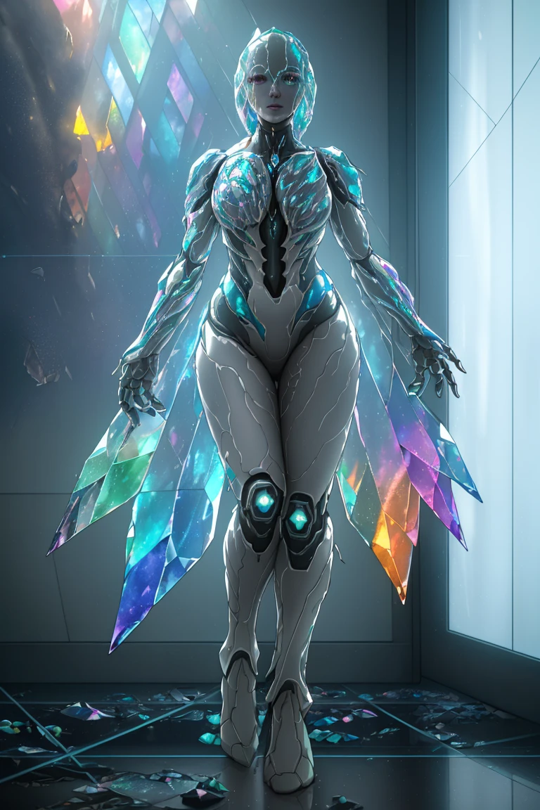 a photo of 8k ultra realistic corrupted rainbow transparent glass humanoid queen standing next to a spaceship window overlooking earth, swarm of transparent glass shards, cinematic lighting, trending on artstation, 4k, hyperrealistic, focused, extreme details, unreal engine 5, cinematic, masterpiece