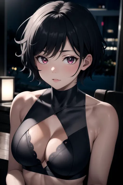 <lora:LowRA:0.7>, dark theme, absurdres, best quality, [1boy:1girl:0.2], tomboy, solo, very short hair, pixie cut, tan, (muscular:0.9), (large breasts:1), (medium breasts: 0.25), messy hair, night, aroused, lovestruck, looking at viewer, (full-face blush:0.75)