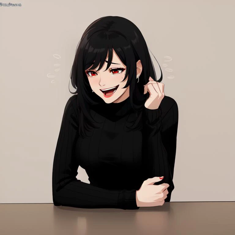 tall lips mature female, long straight black hair, red eyes, black sweater, medium breasts, wheeze, wheeze meme, laughing, upper body <lora:WheezeMemeTemplate:0.7>