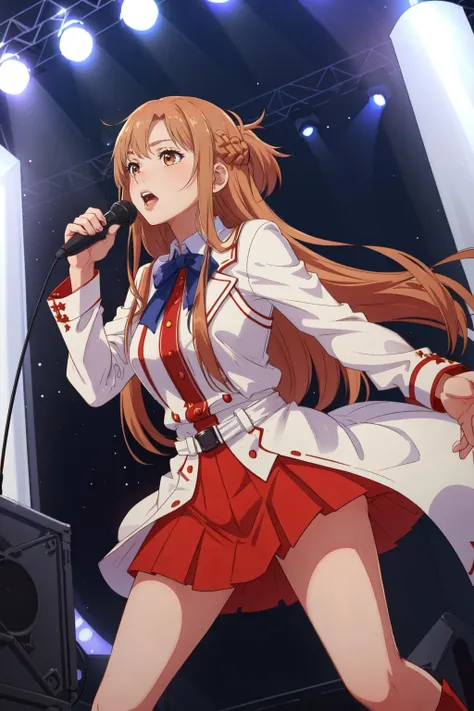 (masterpiece, best quality),  intricate details,
1girl,    <lora:asuna_sao-10:0.8> asuna, very long hair, skirt
indoors, singing, holding microphone, on stage, concert,