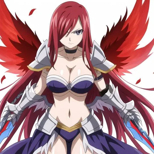 erza scarlet, fairy tail, red hair, brown eyes breasts, weapon, navel, sword, holding, long hair, armor, cleavage, hair over one eye, dual wielding, wings, large breasts, midriff, choker, looking at viewer, gauntlets, holding weapon, holding sword<lora:erzaScarletFairyTail_10:0.5>