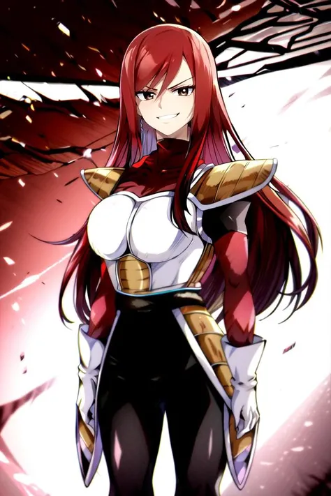 highres, (masterpiece:1.1),(best quality:1.1), erza scarlet, red hair, v-shaped eyebrows, smug, smirk, brown eyes, <lora:erza_scarlet:0.7>
