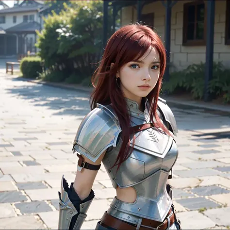 (masterpiece, top quality, best quality), 8k, perfect-lighting, symmetrical face, solo, Erza Scarlet, <lora:erzaScarletFairyTail_10:1>, devastating look, red hair, big breasts, knight armor, cowboy shot