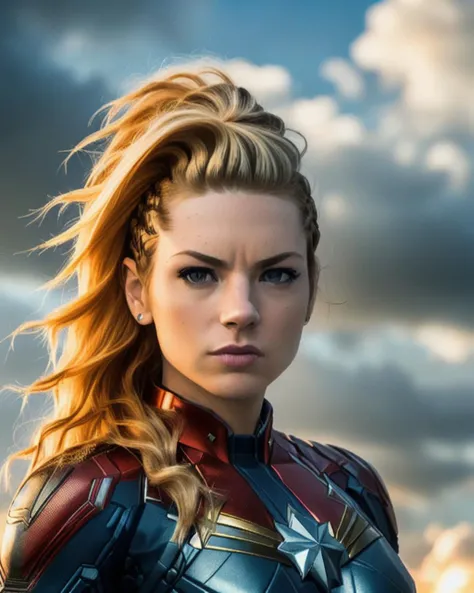 full body shot of kathwin:1,medium shot,side lighting,(mohawk hair),rim lighting on hair, shallow sharp depth of field, feminine heroic,(curvy:1.4), (highly detailed), (Award winning), (Masterpiece), movie still, (HDR), (8k wallpaper),captain marvel suit,flying,sky background,female focus <lora:katherineWinnickFrom_vLO:0.75>