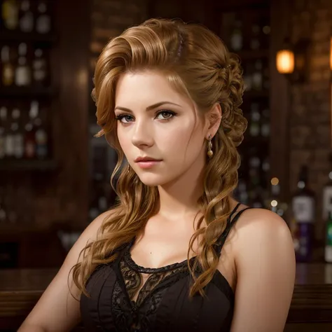 portrait photo of kathwin beautiful woman hair updo upsweep nightclub sitting at bar (masterpiece) (best quality) (detailed) (8k) (HDR) (wallpaper) (cinematic lighting) (sharp focus) (intricate)<lora:epiNoiseoffset_v2:1>