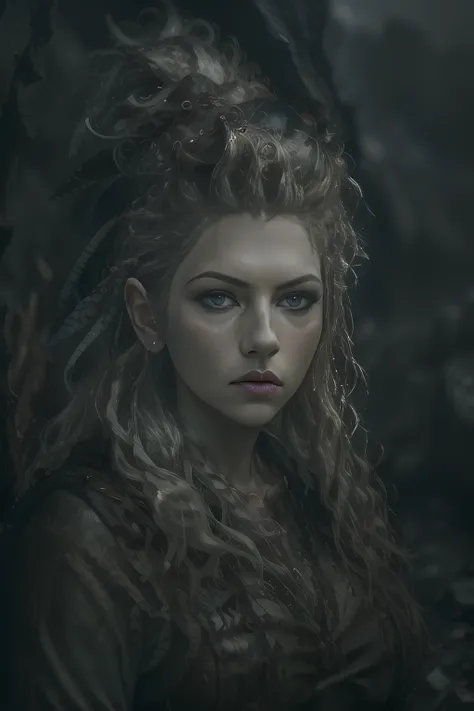 (Award Winning Photo:1.3) of (Masterpiece:1.3),(Romantic:1) Lagertha walking in a field of volcanic rock,Highly Detailed,(Cold Colors:1),(close portrait:1.3),thematic background