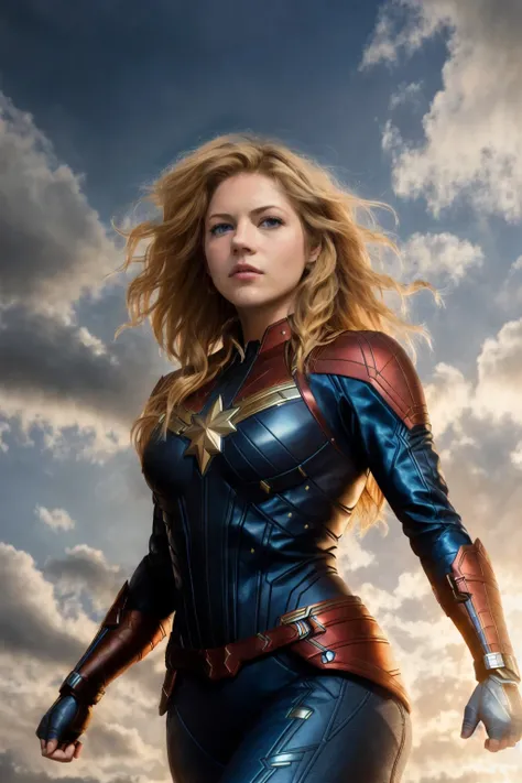 full body photograph of (kathwin:1),(rim lighting on hair), shallow sharp depth of field, feminine heroic,(curvy:1.2), (highly detailed), (Award winning), (Masterpiece), movie still, (HDR), (8k wallpaper),captain marvel suit,flying,sky background,female focus <lora:katherineWinnickFrom_vLO:0.75>