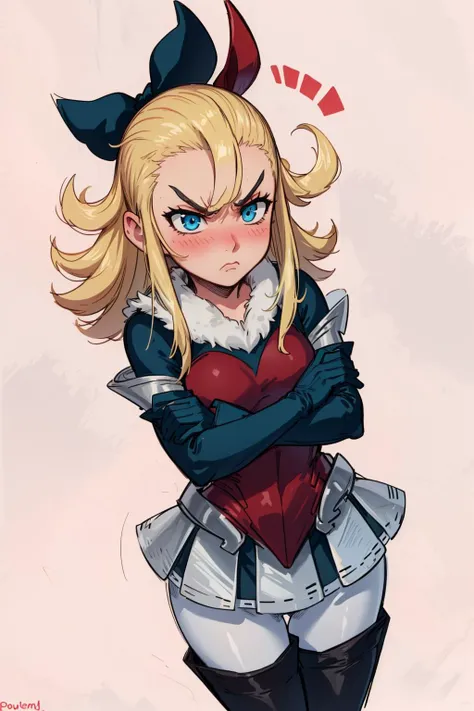 masterpiece, best quality, edea lee, edea lee, red bow, red shirt, black gloves, armored skirt, white pantyhose, from above, crossed arms, looking sideways, turned head, frustrated, angry, pouting, blushing, anger vein, pink background <lora:edealee-nvwls-v1-final:0.9>