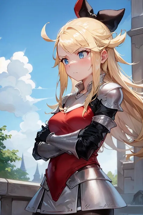 masterpiece, best quality, edea lee, red bow, red shirt, black gloves, armored skirt, white pantyhose, upper body, crossed arms, seething, pouting, looking down, frowning <lora:edealee-nvwls-v5-000012:0.9>