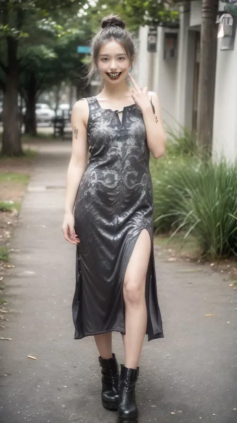 masterpiece,best quality,cinematic lighting,natural shadow,Handheld Shot,
edgGD,1girl,photo of a cute girl,full body,light smile,charming,20yo,wearing edgGD goth dress,Top Knot Hair.Hair flaps,Gunmetal gray hair,(middle finger,fuck you),heshan,outdoors,
<lora:edgGothDress:0.8>,
<lora:GoodHands-vanilla:1>,
<lora:add_detail:1>,
<lora:æ³å
:0.5>,<lora:SingleMiddle:1>,<lora:heshan_V1:1>,