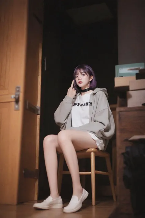 raw photo,a cute afraid girl,stacked bob,purple hair,air bangs,20 years old,curl mascara,glitter eyeliner,buff,choker,realistic skin texture,oversize hoodie,(Army Green:0.8),hardcore,cold lighting,morbid atmosphere,instagram style,fashion (ramen shop:1.1),(sfw:0.9),highly detailed photography,(muted colors, cinematic, dim colors, soothing tones:1.2),vibrant,insanely detailed,hyperdetailed,(dark shot:1.2),(vsco:0.3),<lora:MengX girl_Mix_V40:0.8>,straddling on chair,fisheye,middle_finger,(1990s VHS cover:1.2),from below,<lora:MidFing:1>,(middle finger:1.2),fuck you,full body,black_loafers,