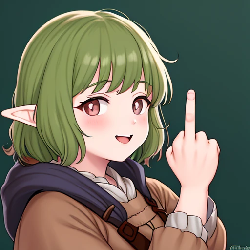 front portrait of a hobbit mother holding up the middle finger <lora:middleFingerLORA_midfingv1:1>, fuck you