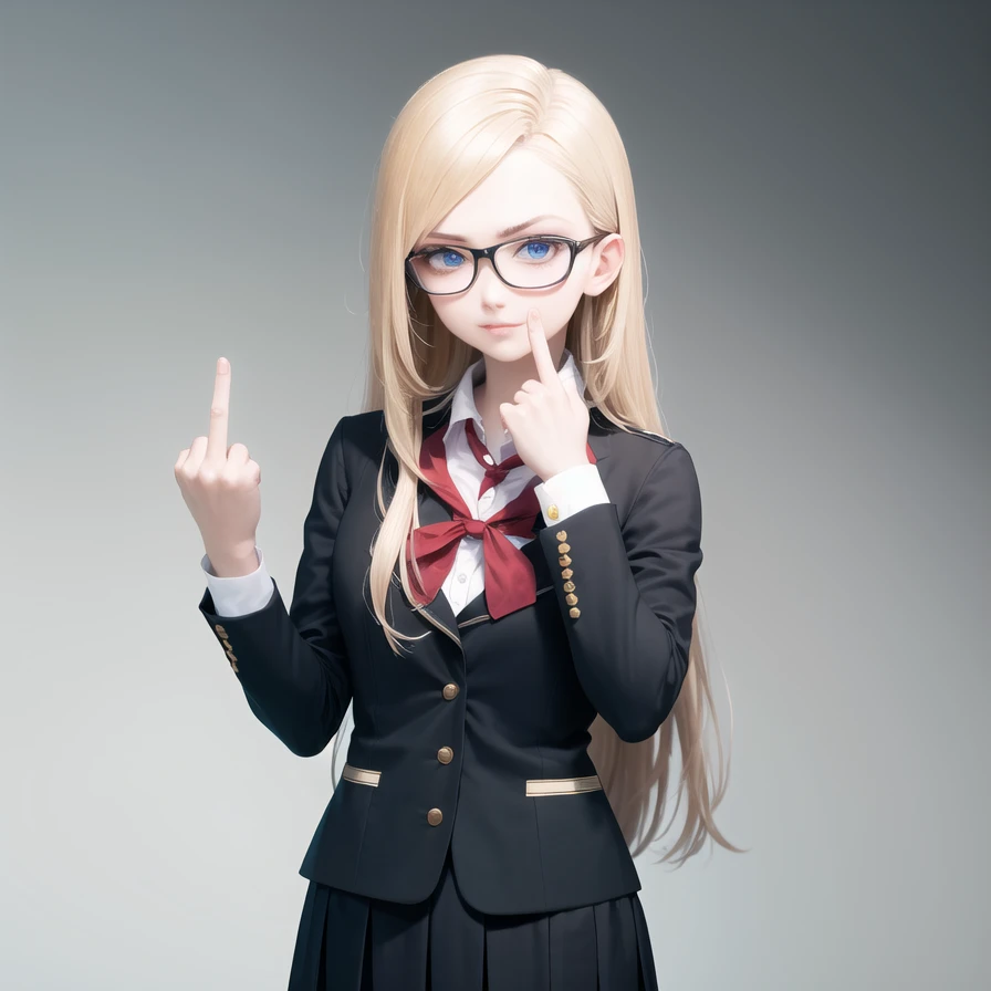 Masterpiece, best quality, ultra detailed, long blond hair, blue eyes <lora:middleFingerLORA_midfingv1:1>, holding up the middle finger, school uniform, round eyewear, serious, cowboy shot, full body,