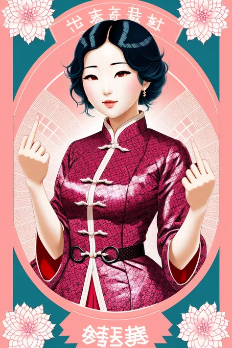 chinese card with a bored and expressionless (woman wearing fancy punk clothes holding up the middle finger1.2), hand raised, with chinese characters on it, 1girl, burlesque, art_nouveau, asa_no_ha_\(pattern\), bird, branch, egasumi, fine_art_parody, fish, fishnets, realistic, flower, japanese_clothes, kanji, kimono, leg_hair, lotus, mount_fuji, nihonga, old, old_man, paddle, painting_\(medium\), paper_lantern, photo_\(medium\), pink_flower, rising_sun, short_sleeves, solo, sun, traditional_media, watercolor_\(medium\), <hypernet:vintageChinese_chinprop:0.8>, detailed face, detailed hands, colorgraded, wine glass and stem, <lora:lomodiffusionLora300_lomodiffusionLora300:0.4>, <lora:Jordan_2:1>, <lora:cheeseDaddysLandscapes_35:0.45>, full resolution, 600dpi, 1200dpi , <lora:middleFingerLORA_midfingv1:1>