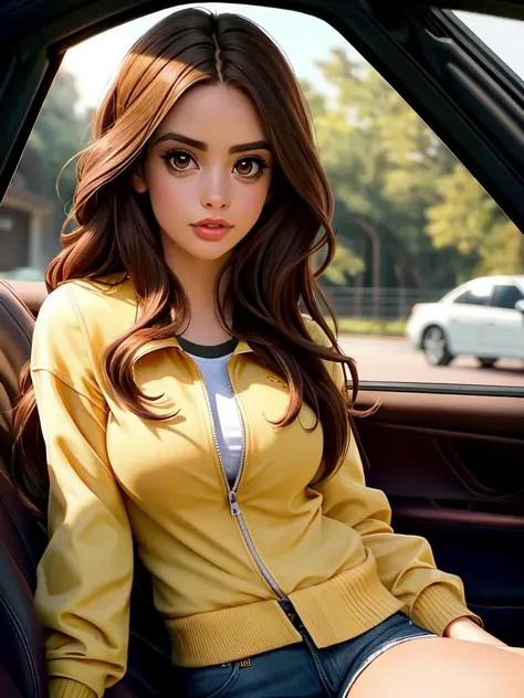 Realistic photo of a beautiful 4ll1s0np woman, 1girl,solo,long hair,looking at viewer,brown hair,brown eyes,jacket,upper body,lips,yellow shirt,realistic,car interior, soft lighting, professional Photography, Photorealistic, detailed, RAW, analog, sharp focus, 8k, HD, high quality, masterpiece<lora:4ll1s0np:1.0>