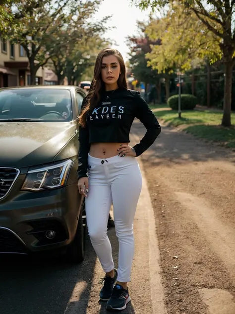 Realistic photo of a beautiful 4ll1s0np woman, 1girl,solo,long hair,breasts,brown hair,shirt,long sleeves,navel,brown eyes,jewelry,standing,full body,outdoors,shoes,solo focus,day,midriff,pants,nail polish,bracelet,lips,crop top,hand on hip,looking to the side,black shirt,shadow,piercing,ring,ground vehicle,motor vehicle,realistic,white pants,car,navel piercing,street,tight pants, soft lighting, professional Photography, Photorealistic, detailed, RAW, analog, sharp focus, 8k, HD, high quality, masterpiece<lora:4ll1s0np:1.0>