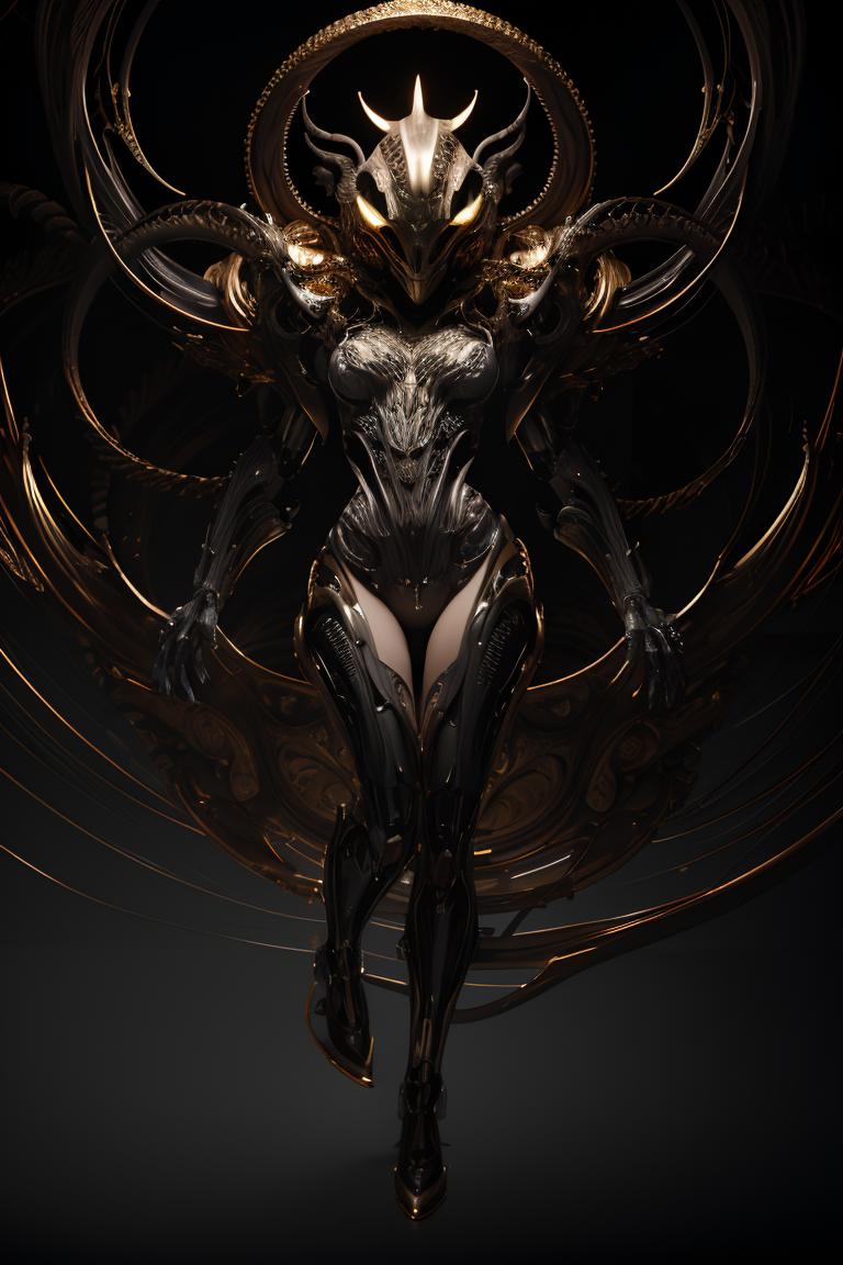 A woman in a black and gold costume with horns and a large head - SeaArt AI