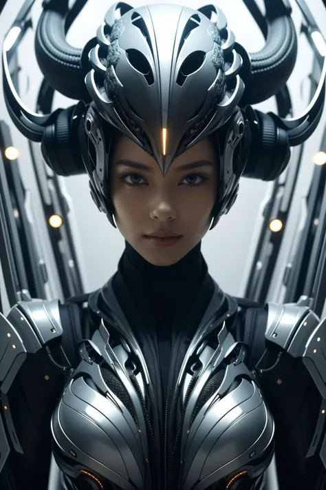 futuristic man is standing, completely facing the camera, com um sorriso radiante em seu rosto. barba grande, Her hair is elegantly groomed, complementing your flawless porcelain skin. He is wearing a futuristic thick metal costume, made of titanium and plastic. The costume has small gold details and is made with fine fabrics., adding a touch of sophistication (lots of lighting). No fundo da cena, um efeito de desfoque sutil foi aplicado, creating a diffuse background that further highlights the presence of the man and his futuristic attire. (muito desfoque do fundo) adds a sense of depth blur to the image, directing attention to the man and conveying a modern and sophisticated atmosphere.
