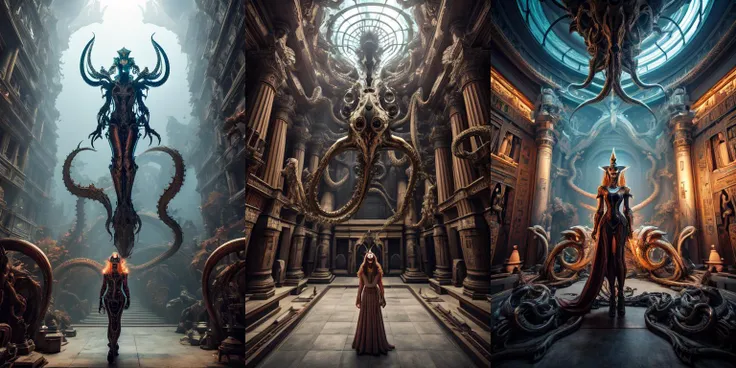 (otherworldly, otherworldly atmosphere, otherworldly appearance), highly insanely detailed, masterpiece, top quality, best quality, highres, 4k, 8k, RAW photo, ((ancient egyptian theme:1.2)), 
(mystical theme), mystical gatmosphere, arcane sanctuaries, otherwordly aura, 
(long_hair, long hair, random colors hair, glowing hair, hair over one eye, long messy hair), 
(eyelashes, eyeliner, eyeshadow, eyelashes, long eyelashes), 
collar, earrings, jewelry, necklace, armlet, 
tentacle, (underwater), nsfw, 
Homestay, Resort, Guest House, 
building, structure, still life, swirling energy, 
action pose, 
drunk, closed eyes, 
abandoned building, shopping mall, overgrown with vegetation, [volumetric fog], cinematic lighting, colorful, 
1girl rides a dragon, solo, robot woman by cybernetic ludum dare, blond hair, legs, boots, (light smile:0.85), looks at viewer, face to viewer, in the style of sci-fi baroque, (rococo_style headgear), translucent thin tubes linked with helmet, white, copper_color, glowing light, hyper-realistic sci-fi, futuristic organic, (high key lighting), the bodysuit composed of  various translucent mechanical parts, H.R. Giger aesthetic, cyberpunk aesthetic. baroque xenomorph, dust in light, foggy, <lora:rococo xenomorph:0.5>, <lora:epiCRealismHelper:1>, (fantasy world)