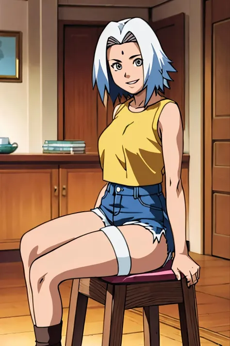 Sinhalese (Sri Lanka) 59 years old woman Ombre Kinky Hair , in the Bedroom, Sitting on a stool with one foot on the seat, Denim shorts with a crop top, EdobNarutoShippuden  <lora:EdobNarutoShippuden_v1.0:0.8>