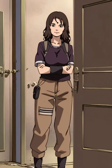 Russians 34 years old woman Brown 360 Waves , in the Laundry room, Standing with arms crossed over chest, Wide-leg pants with a sweater, EdobNarutoShippuden  <lora:EdobNarutoShippuden_v1.0:0.8>