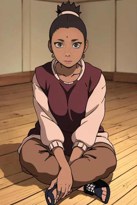 Igbo (Nigeria) 48 years old woman Brown Low Bun , in the Guest room, Sitting on the floor with legs bent and hands resting on ankles, Cropped sweater with joggers, EdobNarutoShippuden <lora:EdobNarutoShippuden_v1.0:0.8>