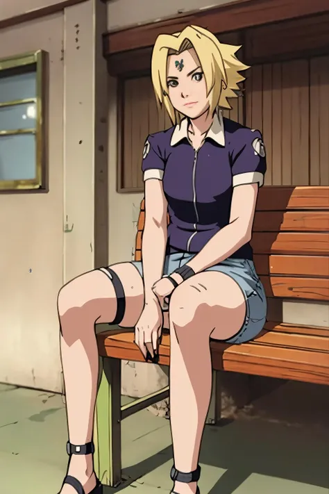 Somalis 20 years old woman Blonde Razor Cut , in the Game room, Sitting on a bench with one leg bent and foot on seat and arms folded, Ruffled blouse with skinny jeans, EdobNarutoShippuden  <lora:EdobNarutoShippuden_v1.0:0.8>