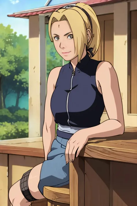 Fulani (West and Central Africa) 37 years old woman Blonde Bubble Ponytail , in the Patio, Standing with one foot raised and resting on a stool, with arms extended out to the sides, Denim skirt with a black blouse, EdobNarutoShippuden  <lora:EdobNarutoShippuden_v1.0:0.8>