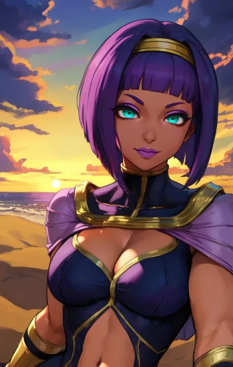 Menat, purple hair, bob cut, green eyes ,
circlet, purple bodysuit, navel, clothing cutout, shawl, bracer, fingerless gloves
upper body, sitting, cleavage,
cloudy,dusk, sand,
looking at viewer,smile,
(insanely detailed, beautiful detailed face,beautiful detailed eyes, masterpiece, best quality),
<lora:Menat:0.8>