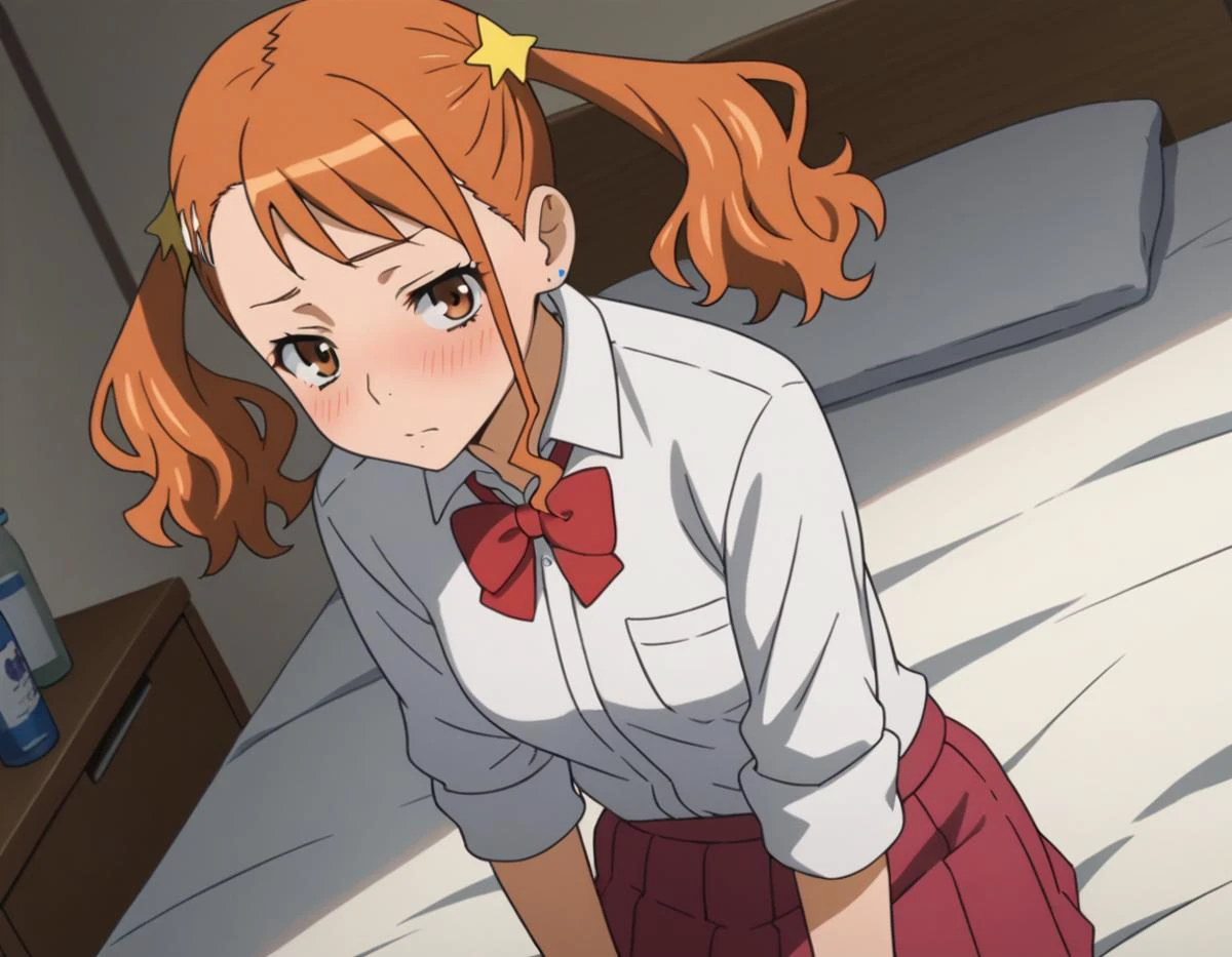 score_9, score_8_up, score_7_up, source_anime,
narukoanjou, <lora:naruko-anjou-s1-ponyxl-lora-nochekaiser:1>,
naruko anjou, orange hair, twintails, brown eyes, hair ornament, star ornament, hair clip,
skirt, bow, school uniform, sleeves rolled up, red bowtie, shirt, white shirt, collared shirt, red skirt,
indoors, bed, bed room, on side, blush, drunk,
looking at viewer, solo, cowboy shot, dutch angle,