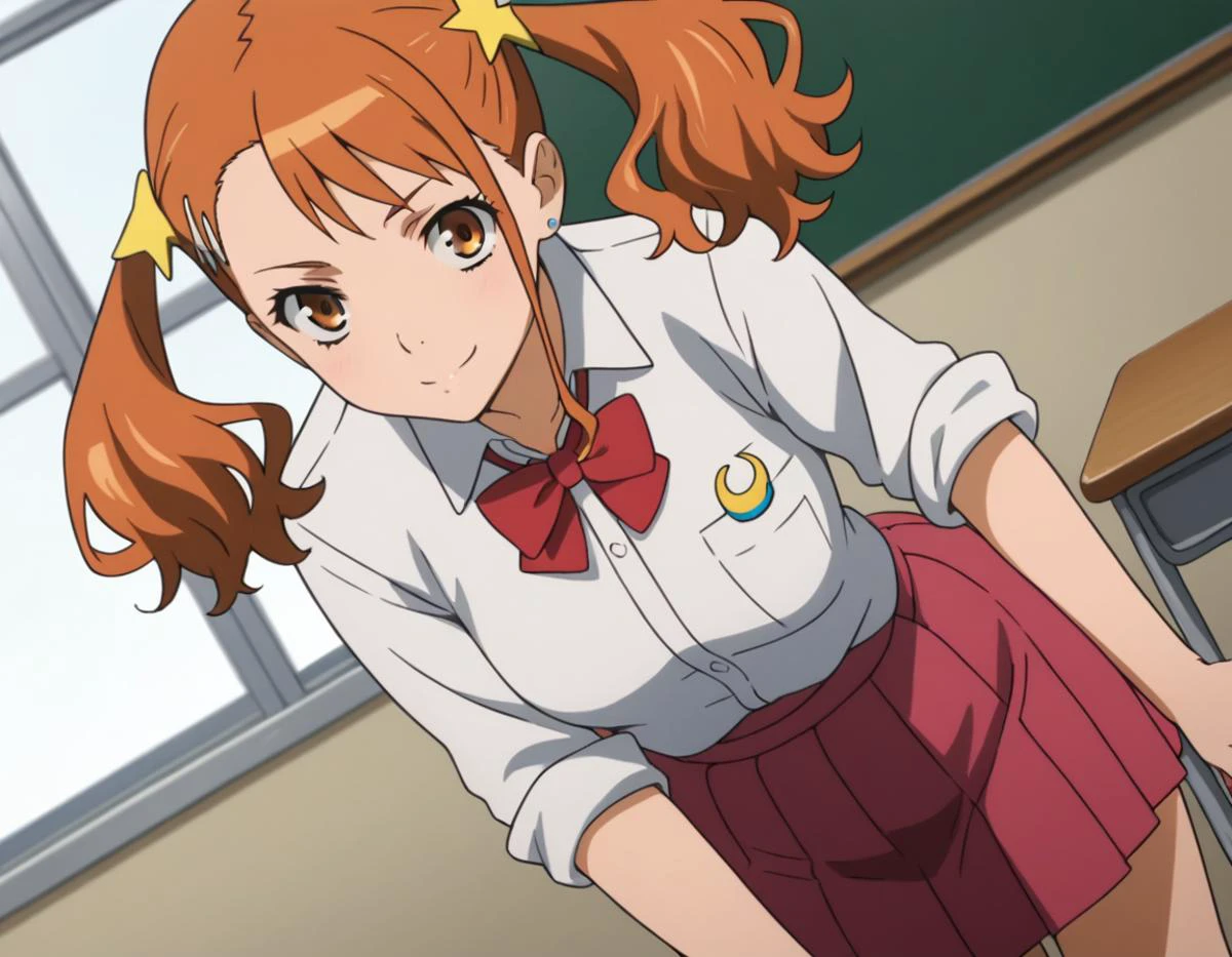 score_9, score_8_up, score_7_up, source_anime,
narukoanjou, <lora:naruko-anjou-s1-ponyxl-lora-nochekaiser:1>,
naruko anjou, orange hair, twintails, brown eyes, hair ornament, star ornament, hair clip,
skirt, bow, school uniform, sleeves rolled up, red bowtie, shirt, white shirt, collared shirt, red skirt,
indoors, classroom, bent over, smile,
looking at viewer, solo, cowboy shot, dutch angle,