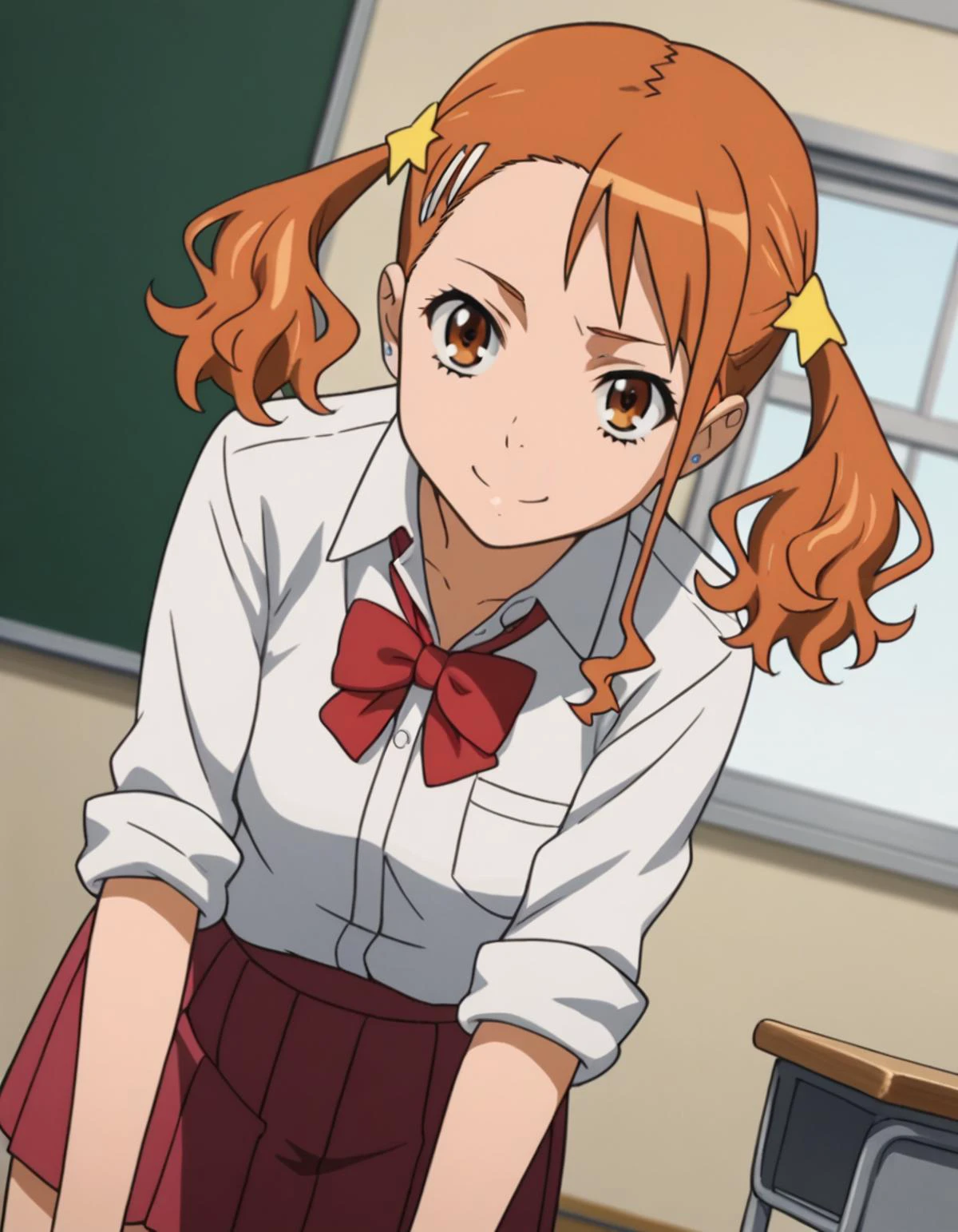 score_9, score_8_up, score_7_up, source_anime,
narukoanjou, <lora:naruko-anjou-s1-ponyxl-lora-nochekaiser:1>,
naruko anjou, orange hair, twintails, brown eyes, hair ornament, star ornament, hair clip,
skirt, bow, school uniform, sleeves rolled up, red bowtie, shirt, white shirt, collared shirt, red skirt,
indoors, classroom, bent over, smile,
looking at viewer, solo, cowboy shot, dutch angle,