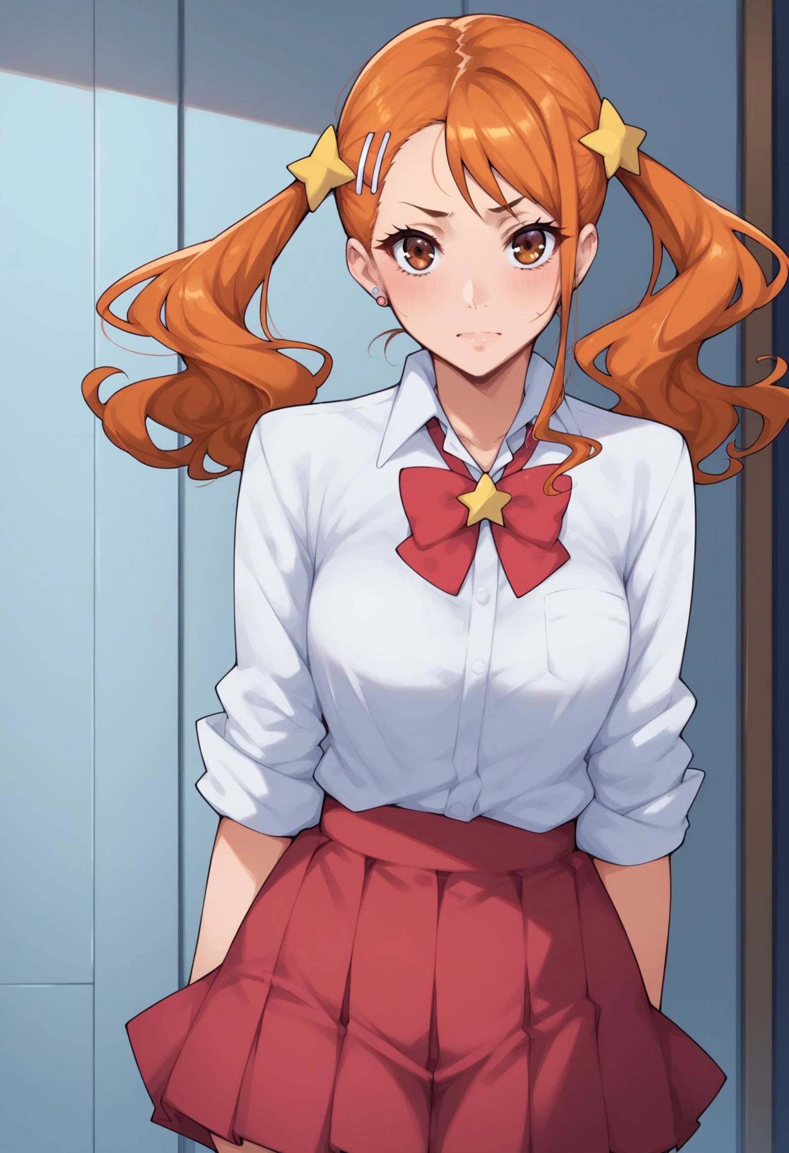 <lora:PONY-ç»-RICE-CHAN:0.7> ,score_9, score_8_up, score_7_up, score_6_up, score_5_up, source_anime,solo,1girl, <lora:PONY-人-å®å é³´å:0.8>,naruko anjou, orange hair, twintails, brown eyes, hair ornament, star ornament, hair clip,skirt, bow, school uniform, sleeves rolled up, red bowtie, shirt, white shirt, collared shirt, red skirt,looking at viewer,, uncensored,<lora:add-detail-xl:1>,<lora:Expressive_H-000001:0.8>