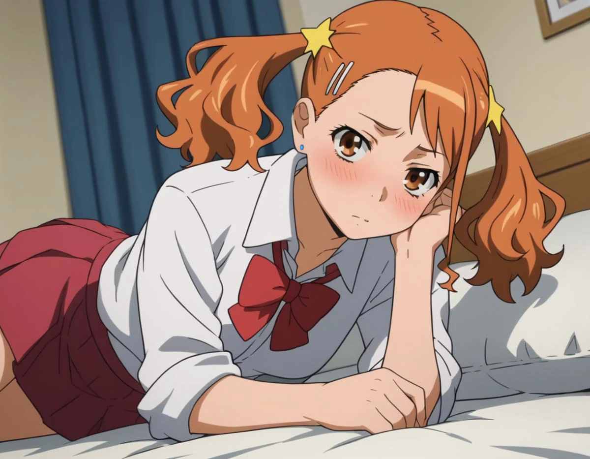 score_9, score_8_up, score_7_up, source_anime,
narukoanjou, <lora:naruko-anjou-s1-ponyxl-lora-nochekaiser:1>,
naruko anjou, orange hair, twintails, brown eyes, hair ornament, star ornament, hair clip,
skirt, bow, school uniform, sleeves rolled up, red bowtie, shirt, white shirt, collared shirt, red skirt,
indoors, bed, bed room, on side, blush, drunk,
looking at viewer, solo, cowboy shot, dutch angle,