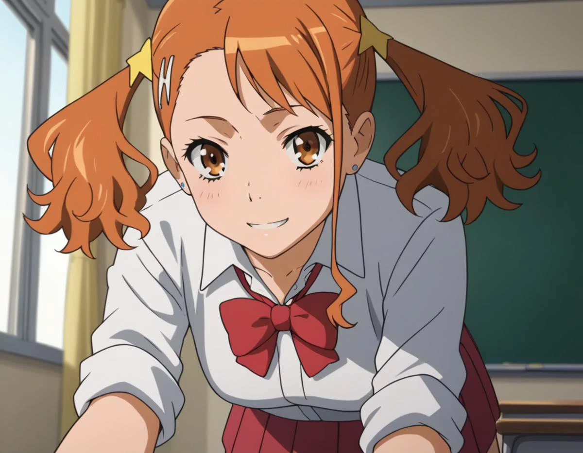 score_9, score_8_up, score_7_up, source_anime,
narukoanjou, <lora:naruko-anjou-s1-ponyxl-lora-nochekaiser:1>,
naruko anjou, orange hair, twintails, brown eyes, hair ornament, star ornament, hair clip,
skirt, bow, school uniform, sleeves rolled up, red bowtie, shirt, white shirt, collared shirt, red skirt,
indoors, classroom, bent over, smile,
looking at viewer, solo, cowboy shot, dutch angle,