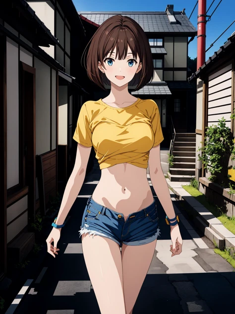 (masterpiece, best quality, highres, absurdres:1.3) (illustration:1.3), (anime:1.2), (art by kantoku:1.2). (detailed:1.1), nice hands, perfect hands. (toned:1.2), perspective, perfect lighting, detailed shadows
BREAK
1girl, (solo:1.8), (walking:1.2), (cowboy shot:1.4), (medium breasts:1.2), intricate (dark brown hair:1.2), blue eyes, (bob cut:1.6), futuristic (black bracelet:1.1) on right wrist, (happy, enthusiastic:1.2), (smile:1.2), open mouth
BREAK
(yellow t-shirt:1.1), denim (shorts:1.2), bare legs, (groin:1.2), detailed ultra photorealistic suburb of Tokyo, Japan, canal, detached house, sign, lamppost, (noon:1.2), summer, dynamic angle, cinematic composition, cinematic lighting, volumetric lighting, ambient occlusion, ray tracing reflections, HDR, <lora:shadowfix3:0.5> <lora:hinaMaybeBetterPose_v2:0.1> <lora:hyperdetailer_v095:0.4>