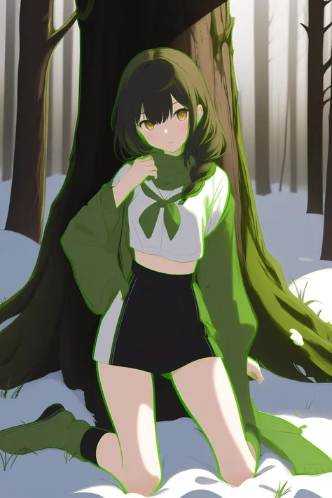 (best quality, masterpiece, highres),1girl,solo,low-braided long hair,winter leg warmers,sleeve_rolled_up,cropped torso,forest,
<lora:color stroke_v1.03:1>,green stroke,