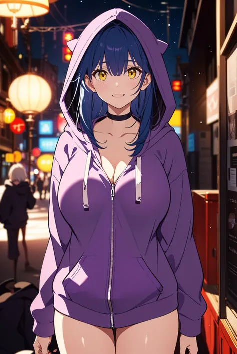 //Loras\\
<lora:GoodHands-beta2:1.2>
<lora:naked_hoodie:0.7>
//Character Info\\
(( 1girl, (( solo, adult, )) , (( dark blue hair, yellow eyes, )), very long hair, bangs, sidelocks, (( huge breasts)), happy, thighs, )),
//Clothes and Pose\\
((( (( naked hoodie, hood, [purple clothes], choker, )), ((( standing, ))) , ))),
//Background\\
(( simple background, blank background, )),
//Dynamic Pose and Angles\\
( dynamic pose, dynamic angle, nice hands, perfect hands, ),
//Image Definition\\
((masterpiece, best quality, cinematographic lights, ultra detailed, detailed face, perfect eyes, detailed skin, bokeh, )),