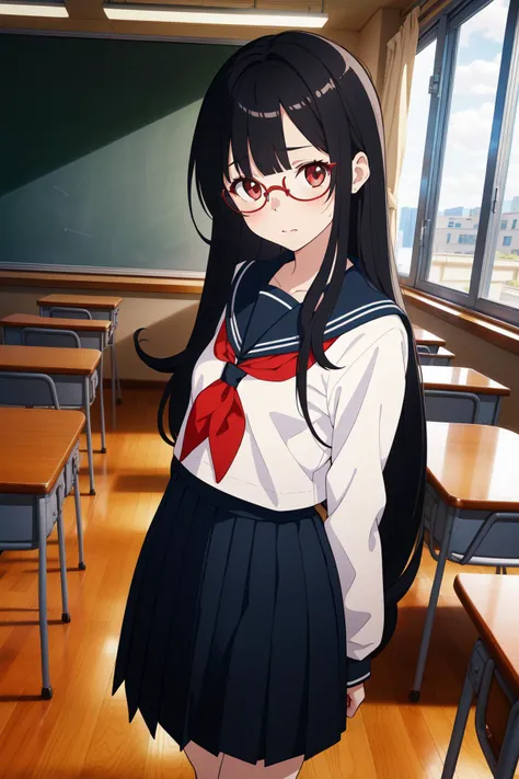 masterpiece, best quality, highres, 1girl, ite, black hair, long hair, glasses, serafuku, school uniform, neckerchief, very long skirt, embarassed, standing, classroom, desks, chairs