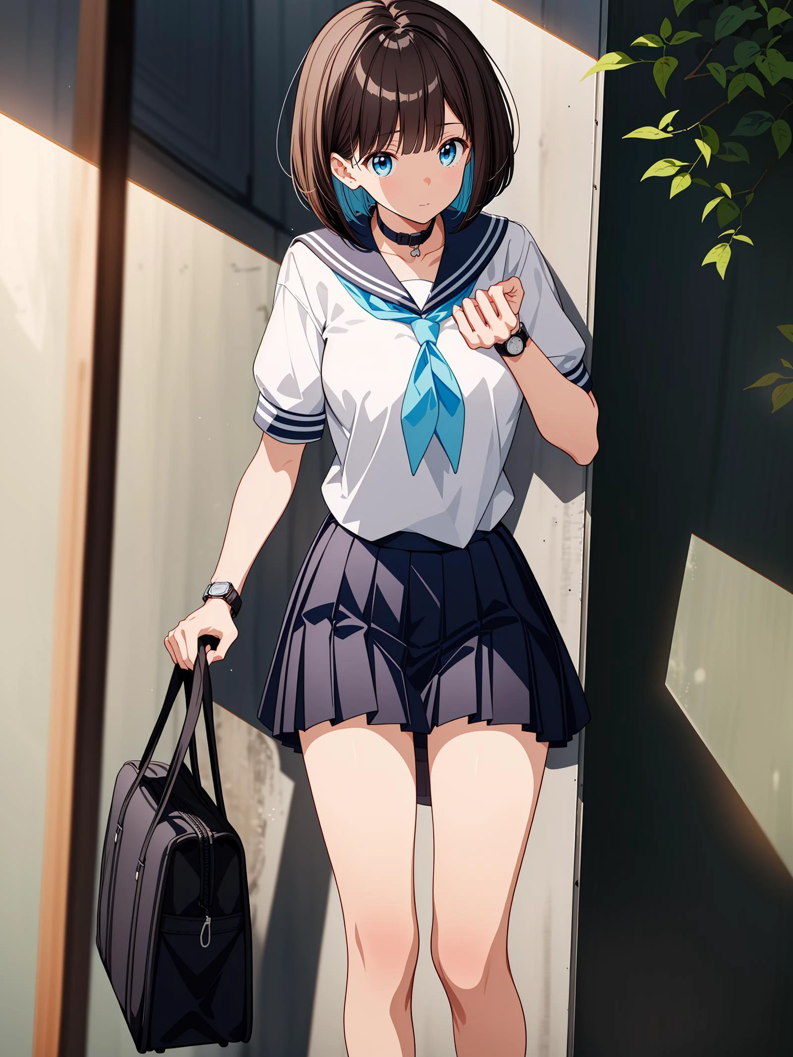 (masterpiece, best quality, highres, absurdres:1.3) (illustration:1.1), (anime:1.2), (art by kantoku:1.2), (toned:1.2), perfect shadow. (looking at wristwatch:1.2),
BREAK
1girl, (solo:1.8), (cowboy shot :1.2), (standing:1.2), holding black school bag, medium breasts, intricate (dark brown hair:1.2), (blue eyes), (bob cut:1.5), (left swept bangs:1.15), futuristic (black bracelet:1.1) on right wrist, (worried:1.2)
BREAK
(white sailor shirt:1.2), (dark blue pleated skirt:1.2), (dark blue sailor collar:1.2), (light blue neckerchief:1.25), short sleeves, detailed ultra photorealistic bus stop in a suburb of Tokyo, bus, timtable, (outdoors:1.2), sidelighting, dynamic angle, <lora:shadowfix3:0.5> <lora:hyperdetailer_v095:0.5>,